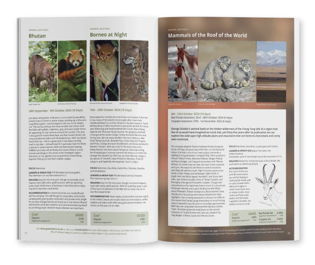 Printed Greentours holiday brochure designs with vibrant nature photography.