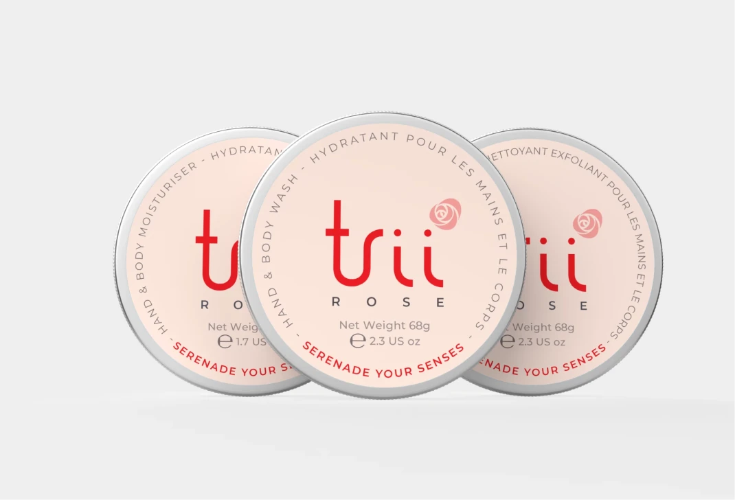 Trii Rose Product packaging, displaying a subtle pink design with rose icon.