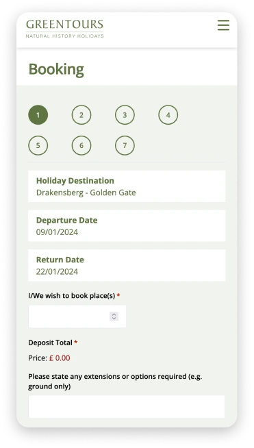 Greentours online booking page on mobile.