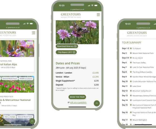 Collage of interior site pages from Greentours.