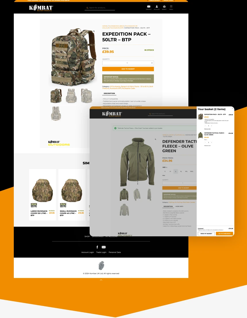 Additional Kombat UK website screenshots showing product and content page layouts.