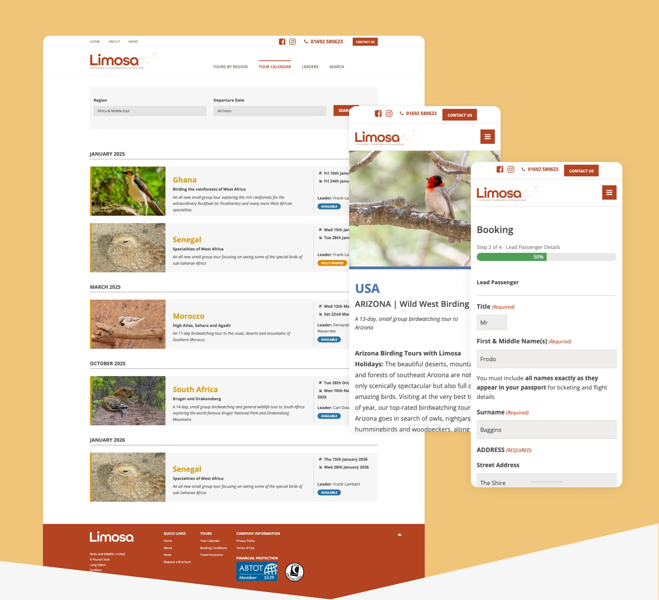Additional Limosa Holidays website screens showing tour content and page layouts.