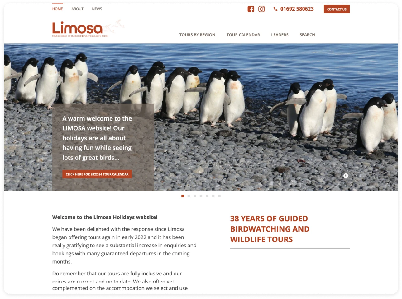 Limosa Holidays website homepage showing birdwatching tour content.