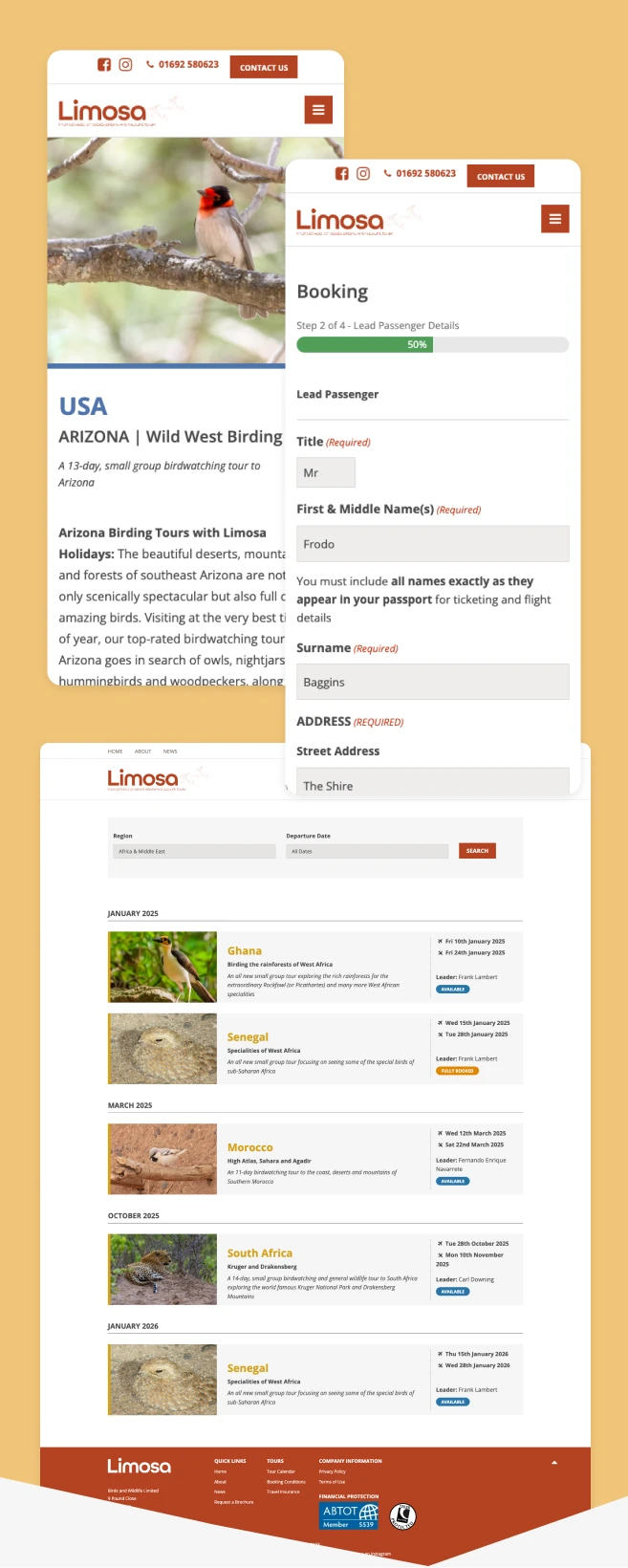 Additional Limosa Holidays website screens showing tour content and page layouts.