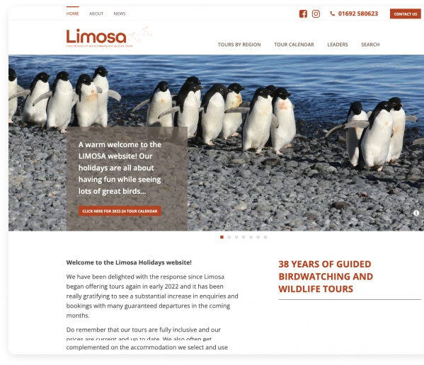 Limosa Holidays website homepage showing birdwatching tour content.