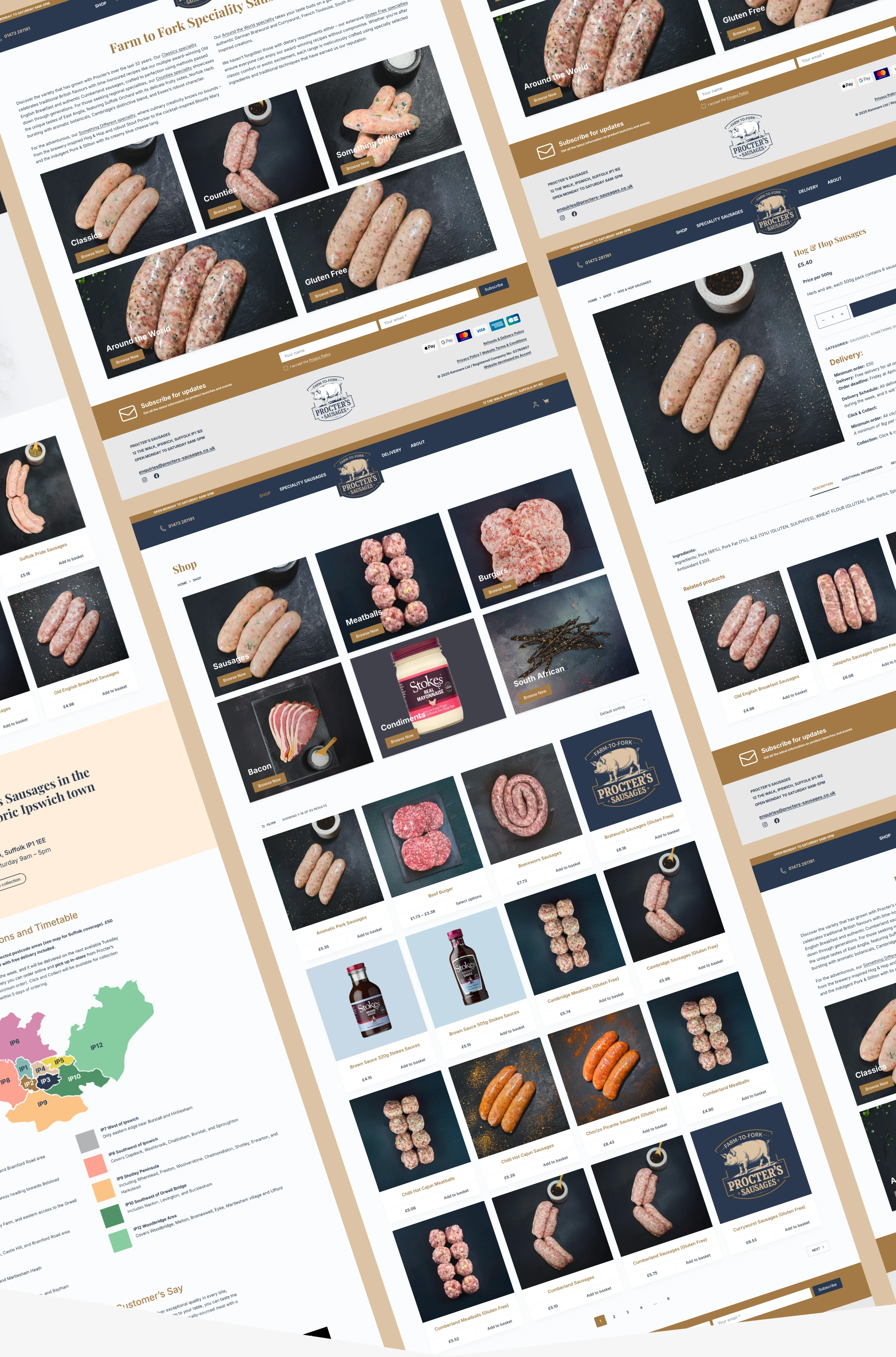 Procter&rsquo;s Sausages WooCommerce website design featuring farm-to-fork storytelling and product listings.