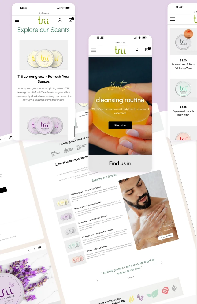 Trii website design, focusing on body care product listings on mobile devices.
