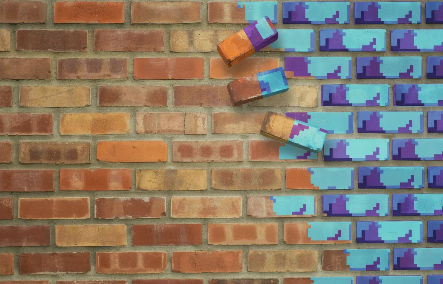 Illustration of a red brick wall in stretcher bond, with realistic weathered brickwork on the left gradually breaking apart into chunky 8-bit pixel blocks in Commodore 64 blues and purples on the right.