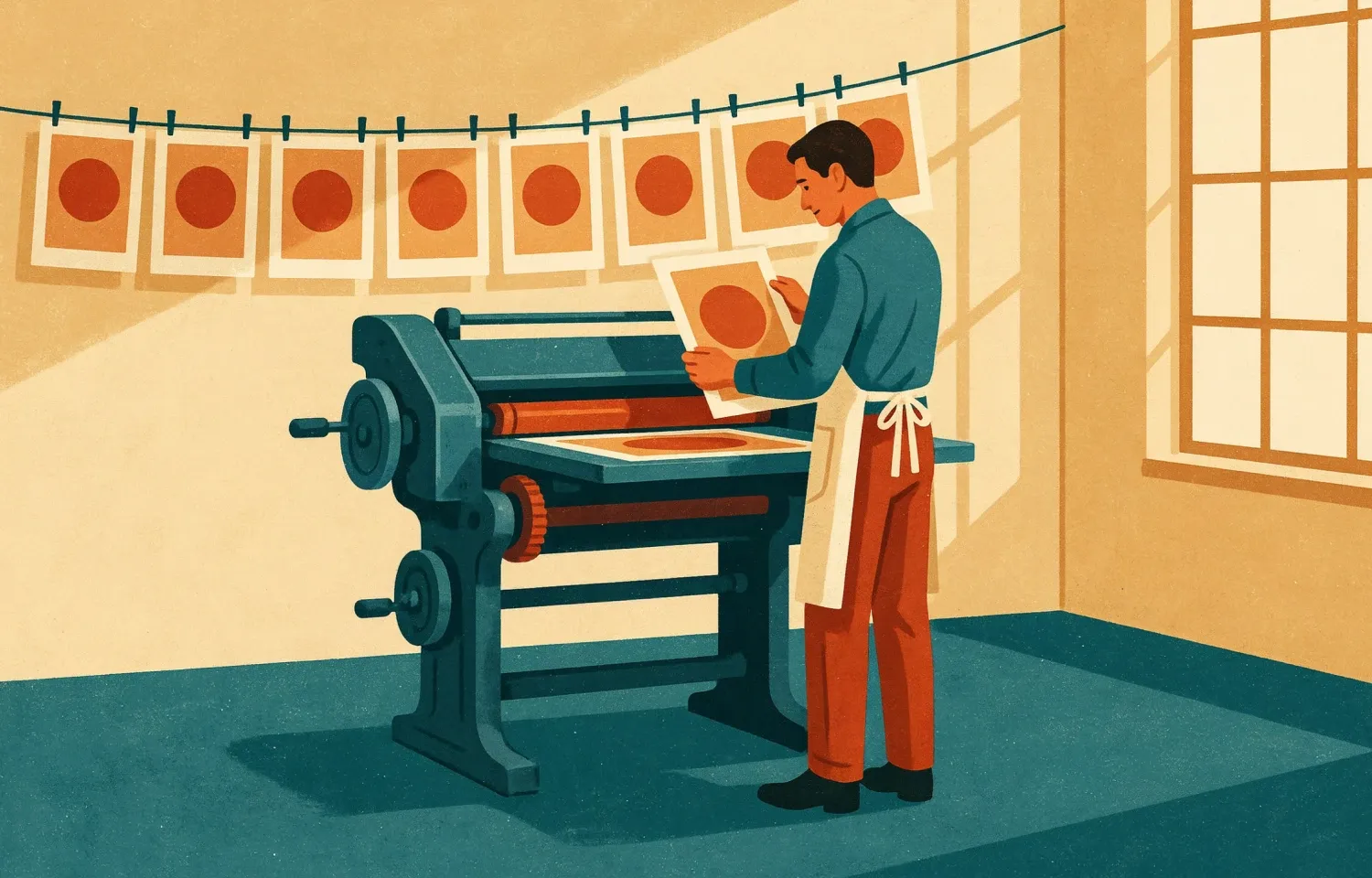 Mid-century style illustration of a printer in a sunlit print studio, checking a freshly pulled poster at a teal printing press while a row of identical orange circle prints hangs drying on a line behind him.