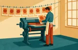 Mid-century style illustration of a printer in a sunlit print studio, checking a freshly pulled poster at a teal printing press while a row of identical orange circle prints hangs drying on a line behind him.