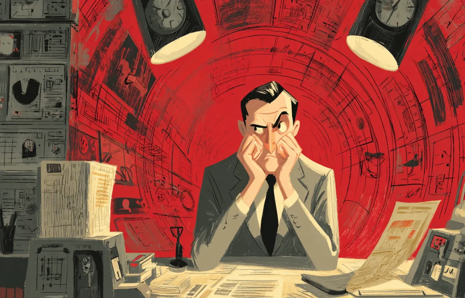 A stressed developer overwhelmed at a cluttered desk, illustrating the burden of technical debt in software development.