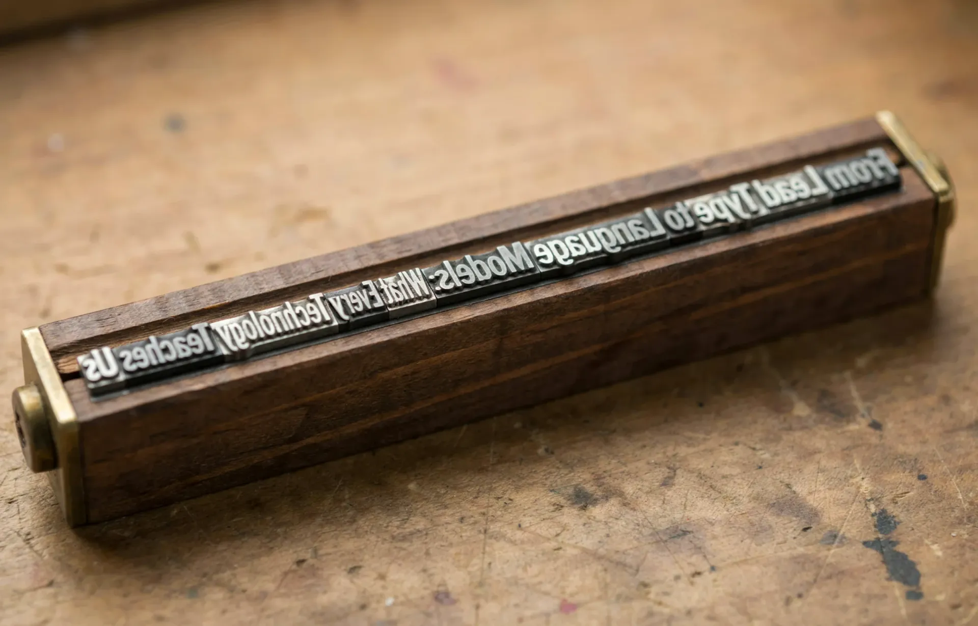 Mirror-image metal type in a wooden holder with brass ends on a worn, ink-stained workbench, spelling out the article title “From Lead Type to Language Models”