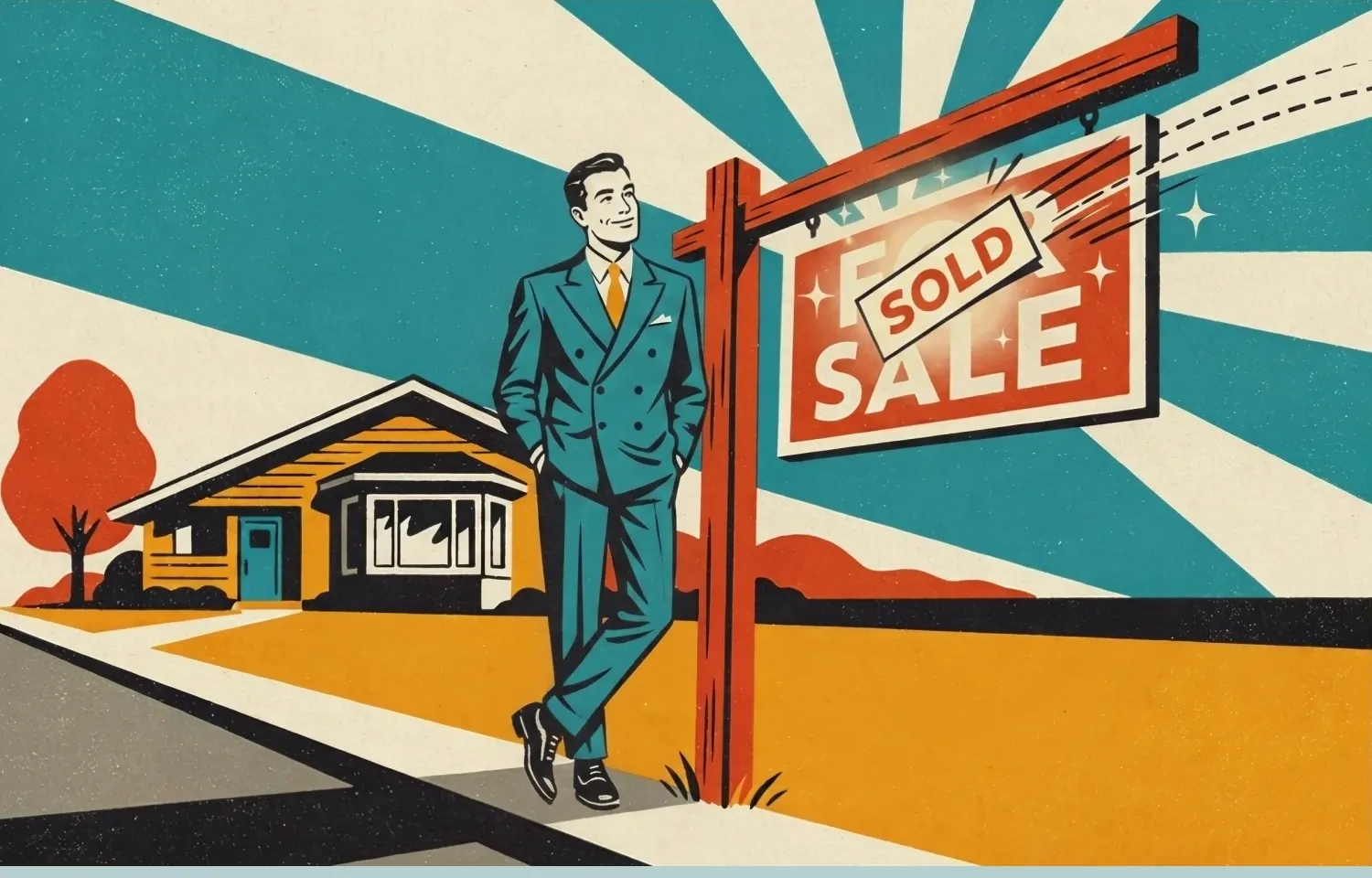 Estate agent watching a SOLD slip fix itself to a For Sale board, illustrating automated board updates, in 1950s poster style.