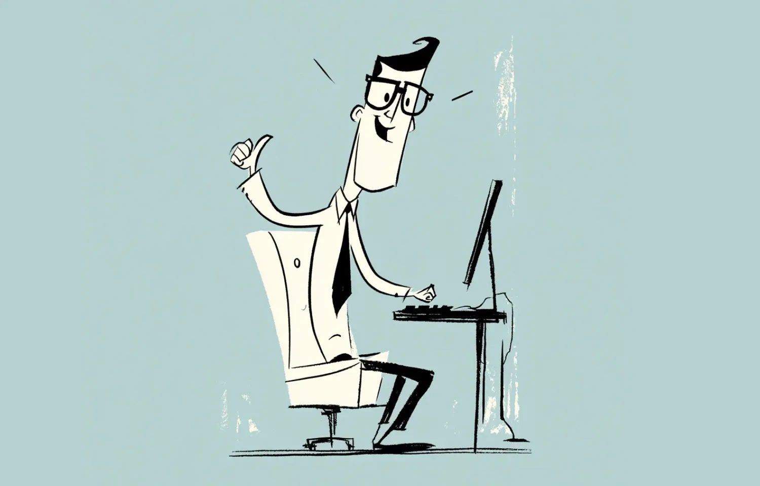 10:34Claude responded: Cartoon illustration of a smiling man in glasses, shirt and tie sitting at a desk, giving a thumbs up while typing on a keyboard in front of a monitor, against…Cartoon illustration of a smiling man in glasses, shirt and tie sitting at a desk, giving a thumbs up while typing on a keyboard in front of a monitor, against a pale blue background.