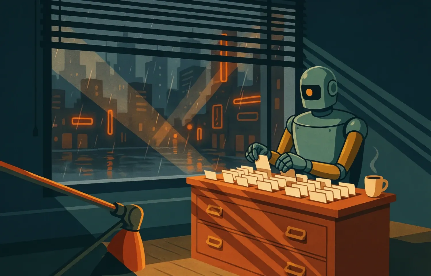 Retro 1950s style illustration of an android sorting index cards at a filing cabinet in a rain-lit noir office, representing AI agent memory curation.
