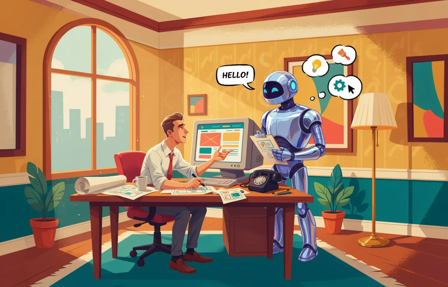 Illustration of a web designer at his desk discussing website layout designs with a friendly AI robot assistant, representing human creative direction and AI collaboration in web design.