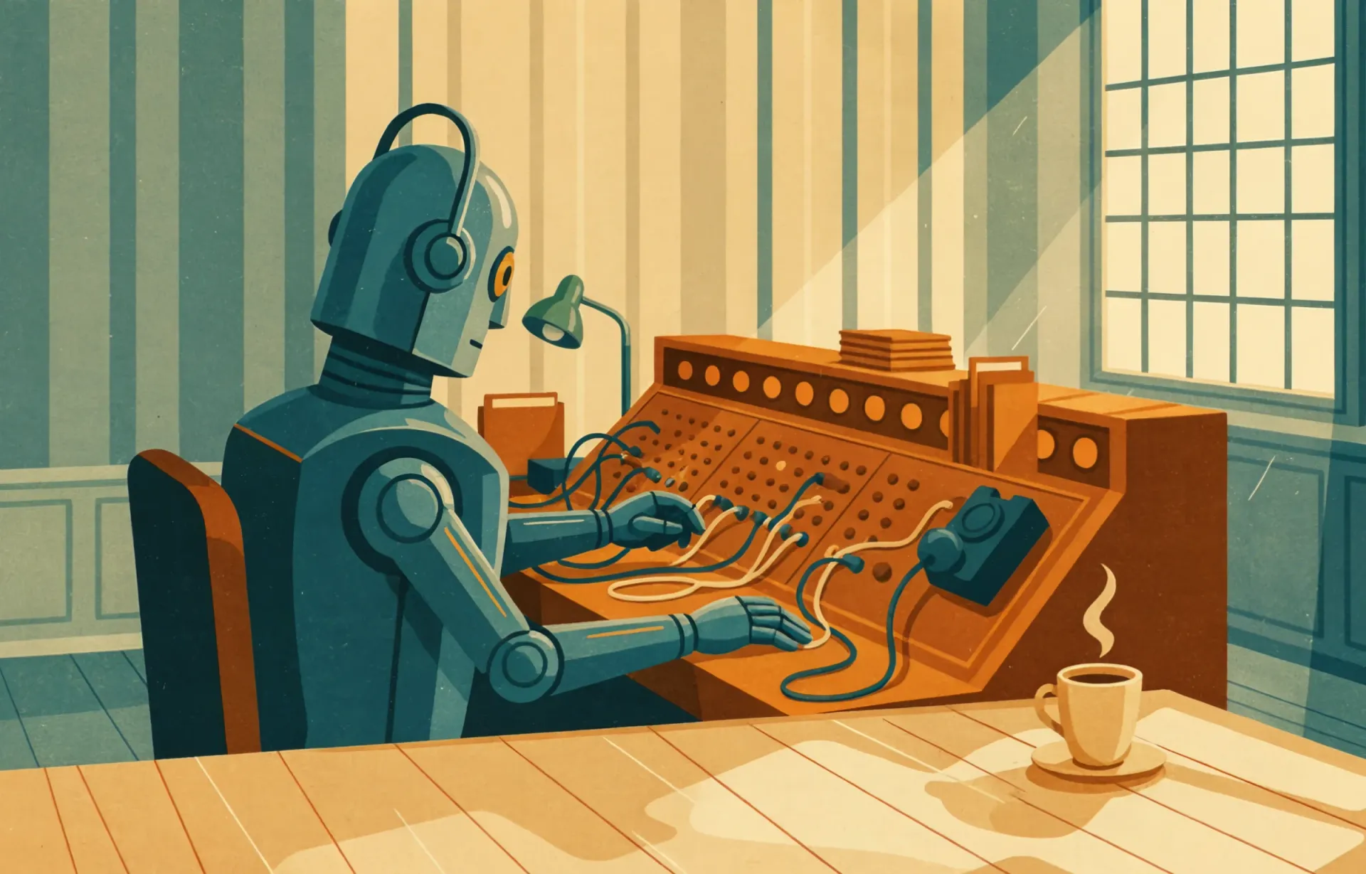Mid-century style illustration of a robot wearing a headset, connecting cables on an old telephone switchboard in a sunlit office.